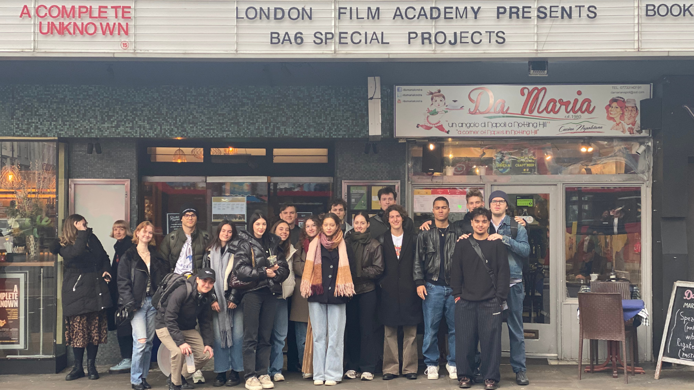 Group shot of LFA students outside their film screening at the gate Cinema